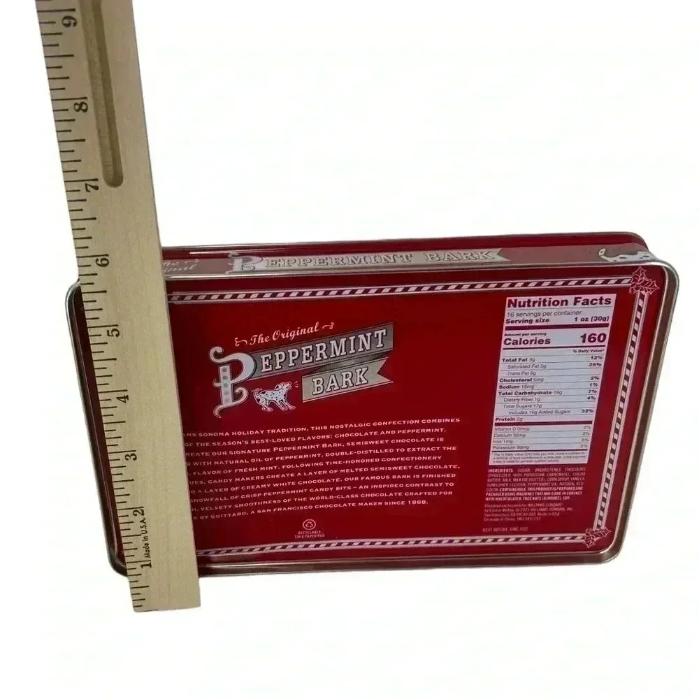 WILLIAMS SONOMA PEPPERMINT BARK DECORATIVE METAL TIN W/ LIF EMPTY CHRISTMAS - Picture 2 of 8